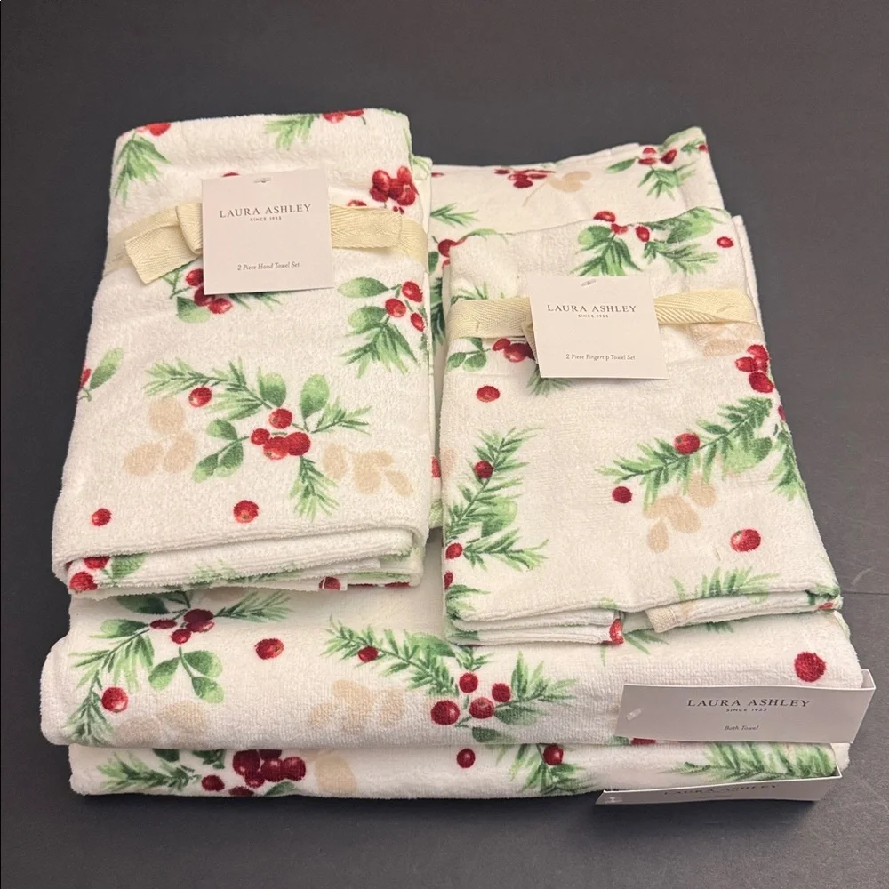 6pc LAURA ASHLEY Berry Bright Christmas Motif Bath Towel Set - 100% Cotton